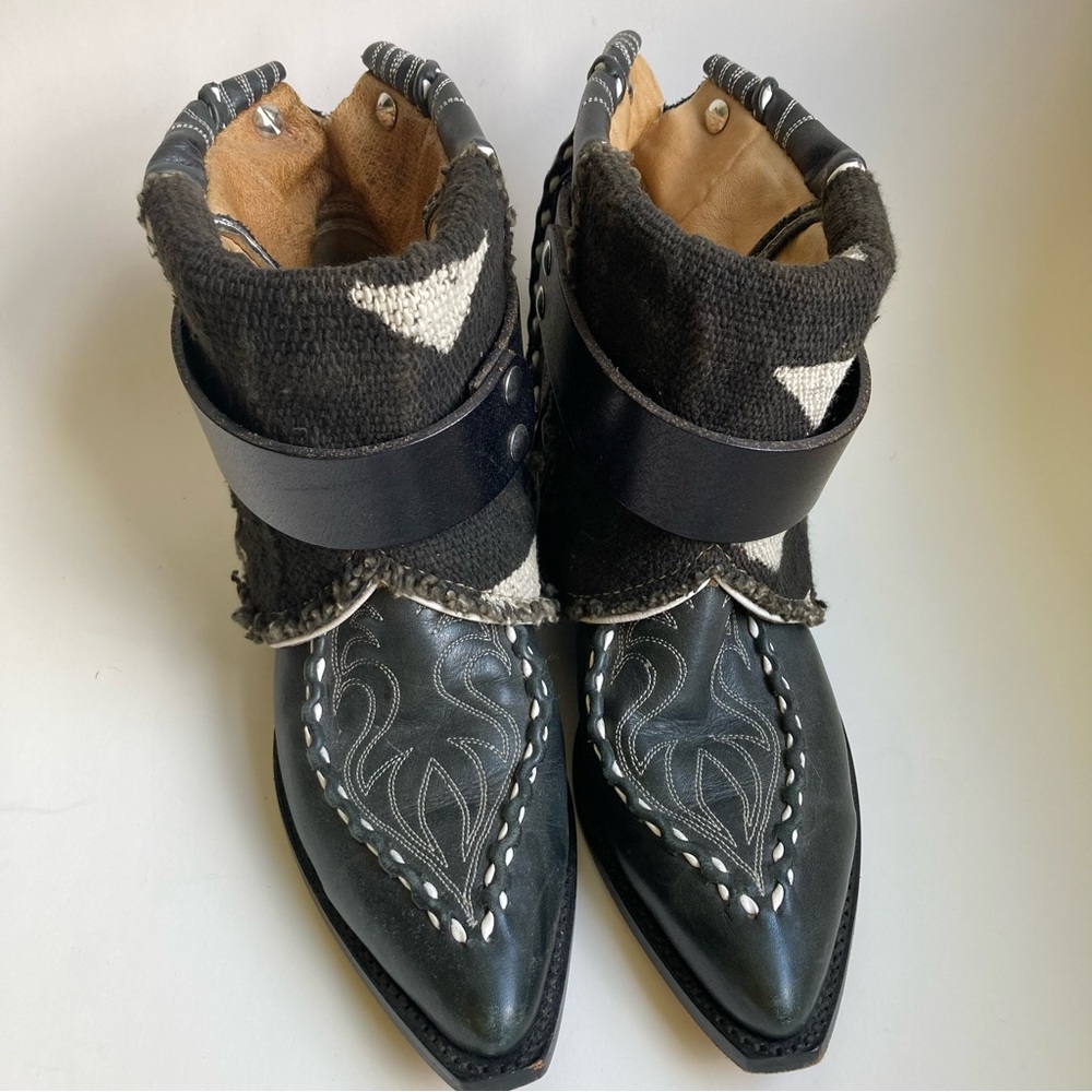 Canty Dan Post Black Leather & Textile Boho Short Ankle Western Cowboy Boots 7.5 - Picture 2 of 16